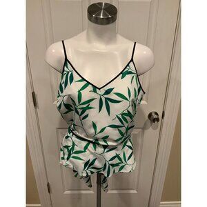Caroline Constas White & Green Leaf Silk Wrap Top w/ Tie Size Large